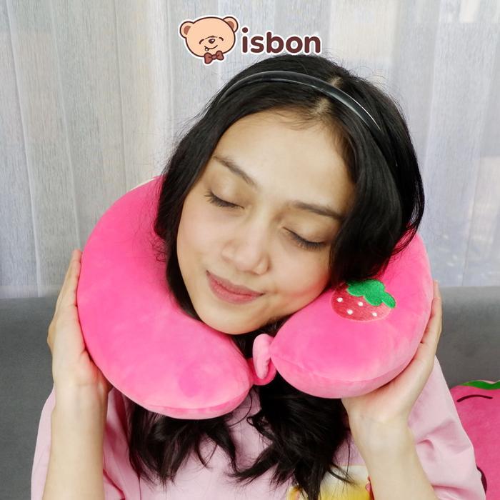 ISTANA BONEKA Bantal Leher Dewasa BERRY Beruang Pink Travel Neckrest Bordir Nyaman Untuk Traveling