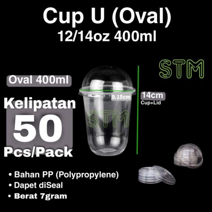 Gelas plastik Oval/Gelas U/seal round shape cup 400ml plus Tutup
