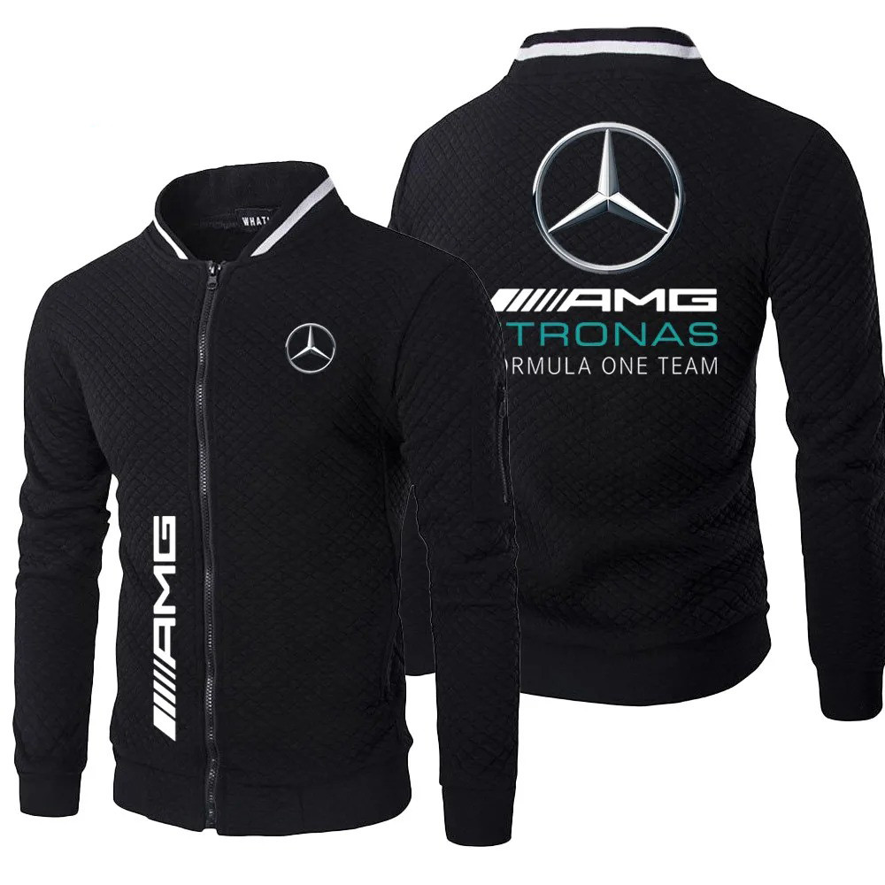 Mercedes Benz printed Mercedes AMG racing jacket, loose long sleeved men's checkered stand up collar