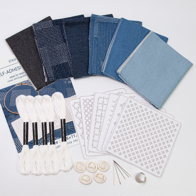 Sashiko Kit Sashiko Thread And Needles Thimble Denim Fabric Water Soluble Japanese Embroidery Kit