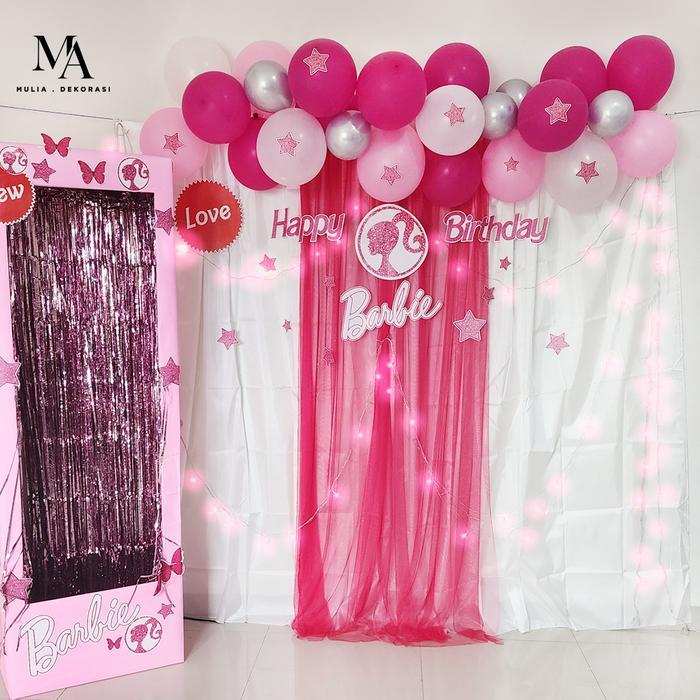 Dekorasi Photobooth Ulang Tahun Barbie Pink Backdrop Birthday Aqiqah