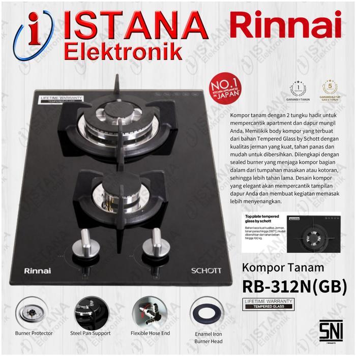 RINNAI KOMPOR GAS TANAM 2 TUNGKU SCHOTT GLASS RB-312N(GB)