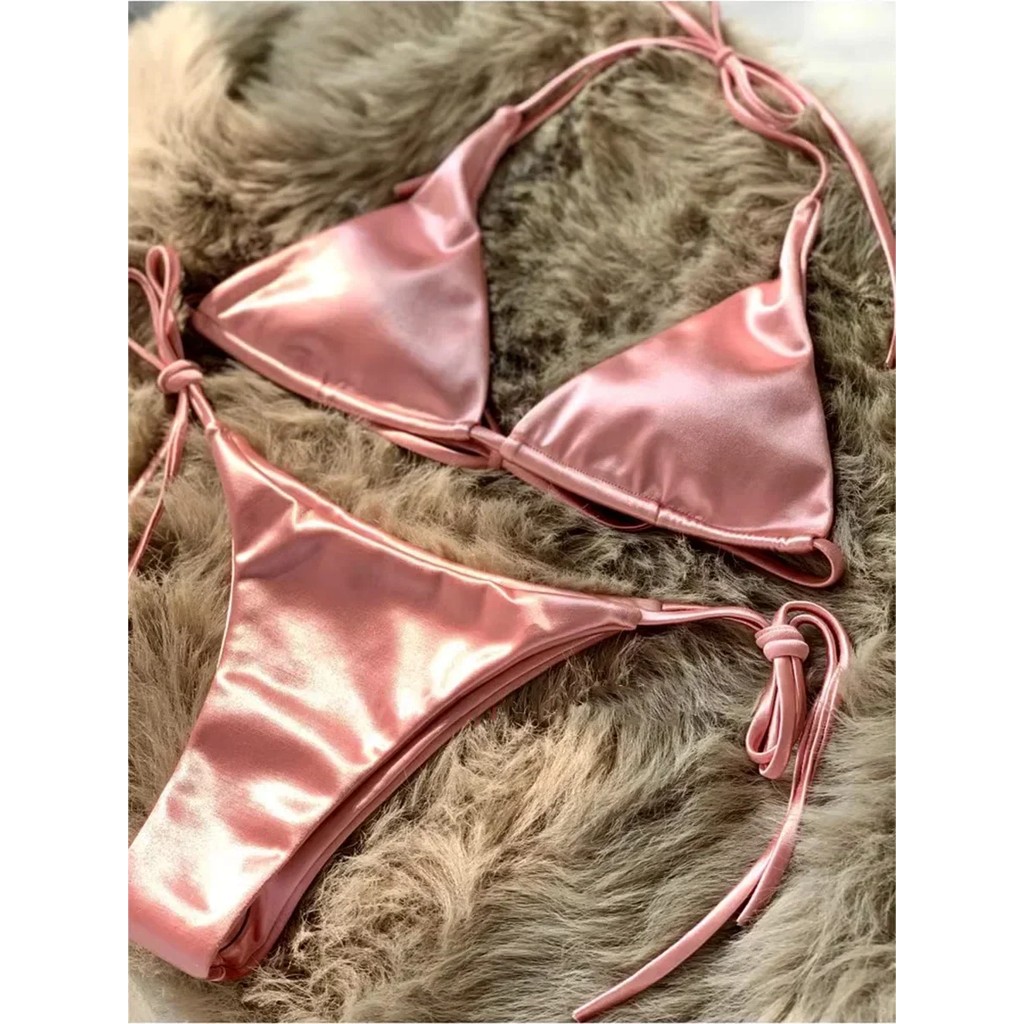 Halter Brazilian Metallic Satin Bikini Women Swimwear Female Swimsuit Two-Pieces Bikini Set High Cut