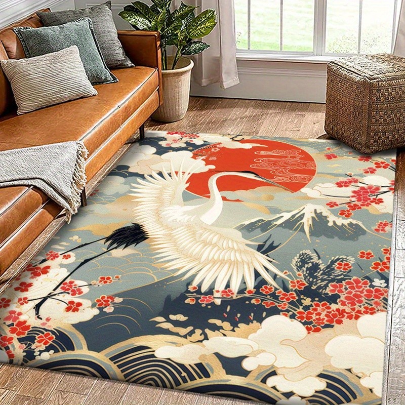 1pc,Crystal Velvet Chinese Red-Crowned Crane Printed Carpet, Non-slip Area Rug for Living Room,