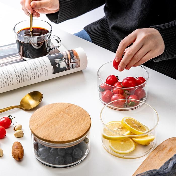 TOPLES KACA TRANSPARAN TUTUP BAMBO STACKABLE GLASS STORAGE JAR BOWL