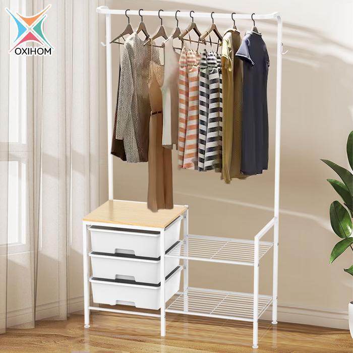 Oxihom Lemari Pakaian Gantungan Baju Full Drawer Pakaian Lemari Baju Gantung 3 Laci Susun Besi Kayu