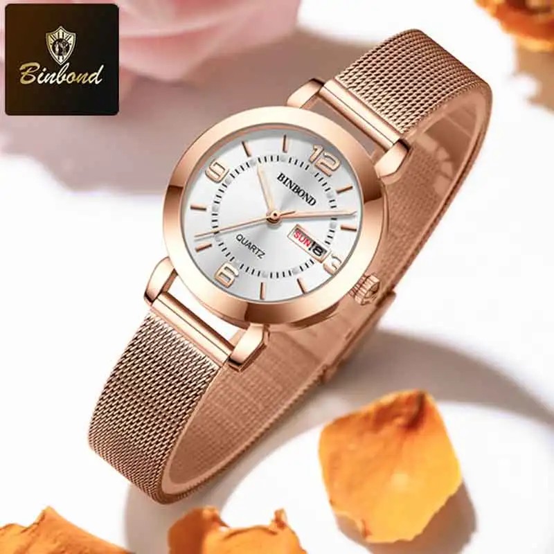 BINBOND Fashion Casual Ladies Quartz Watch Deluxe Luminous Hands Waterproof Watch Date Multifunction