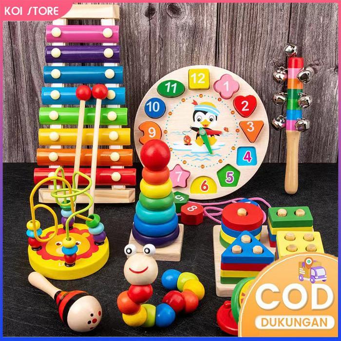 Sensorik pendidikan Jam bola Mini Puzzle 3d Bentuk Geometris Gambang Mainan anak-anak