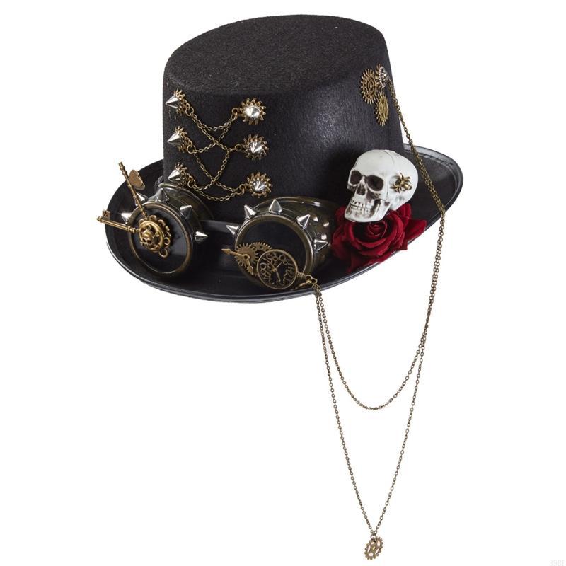 Punk Gothic Hair Hat Steampunk Mini Top Hat with Rose Skeleton Cosplay Top Hat for Halloween