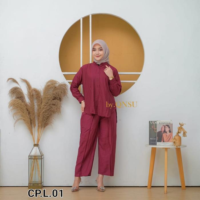 Clara Baju Atasan Setelan Celana Kulot Dewasa One Set Wanita Polo Linen Muslim Panjang