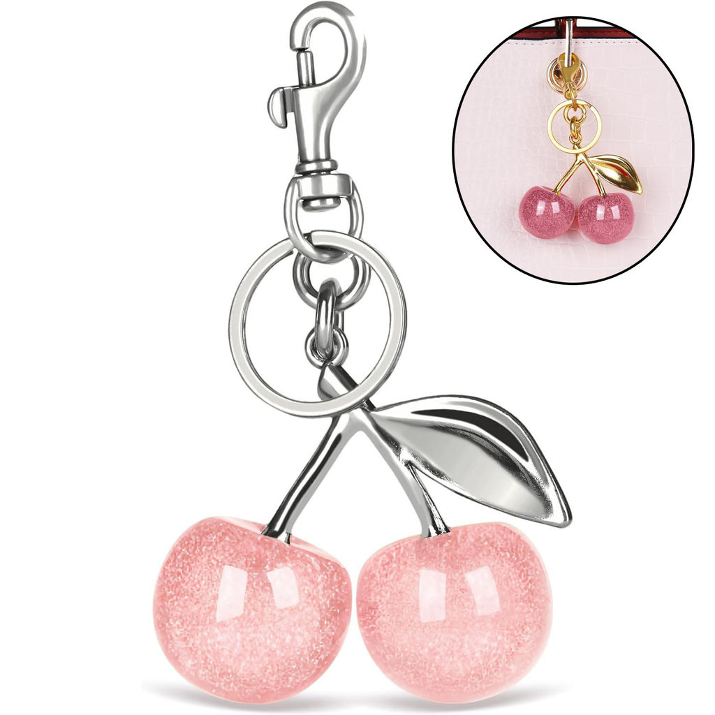 Sparkling Pink Crystal Cherry Charm Keychain For Coach Handbag Shoulder Bag Women's Cherry Keychain