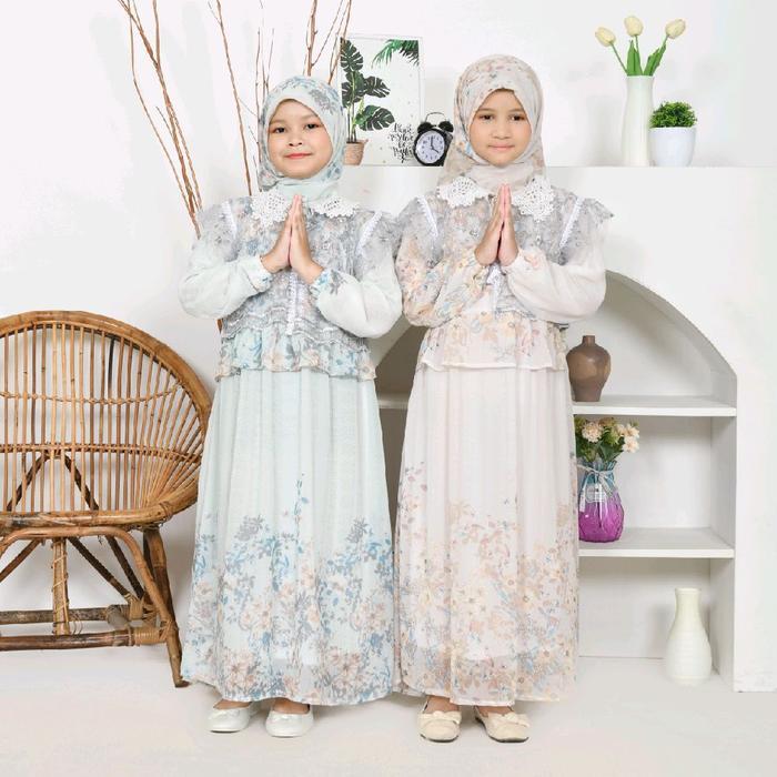 Sinarbarukids Gamis Anak Perempuan Raena Ceruty Motif Bunga + Rompi Tile Free Jilbab Segi Empat 3 -