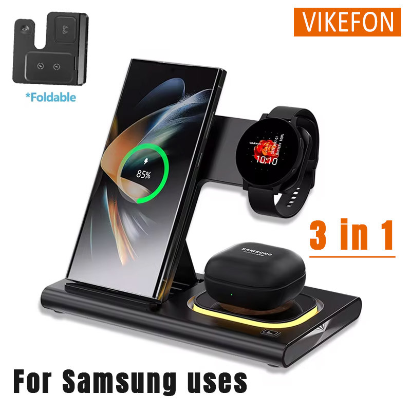 3 in 1 LED Foldable Wireless Charger Phone Stand For Samsung S24 S23 S22 Watch 6 5 4 Active 2 Galaxy