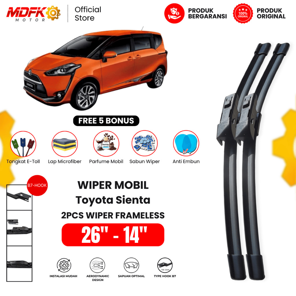 Wiper Toyota Sienta Frameless Kaca Depan Mobil Free 5 Bonus