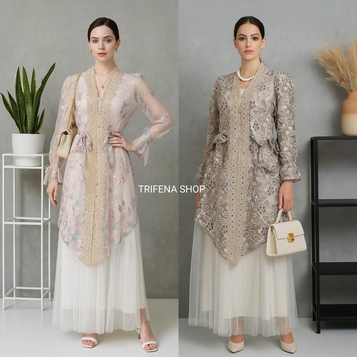 "New" Outer Brukat Wanita Premium Floral Ivory Outer Kebaya Modern Lengan Panjang Elegan Kondangan