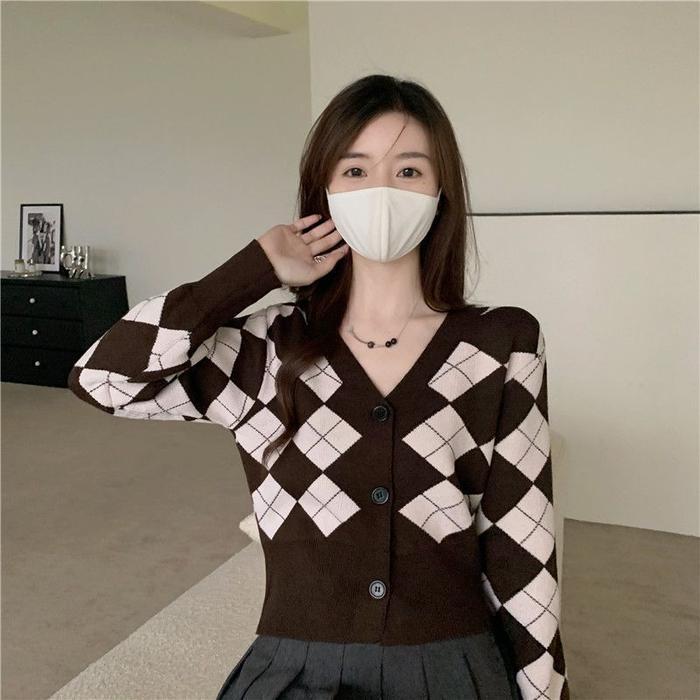 cnm AJW [WCA] Cardigan Rajut Kotak Kotak Knit Lengan Panjang Outer Rajut Kotak Kotak Lengan Panjang