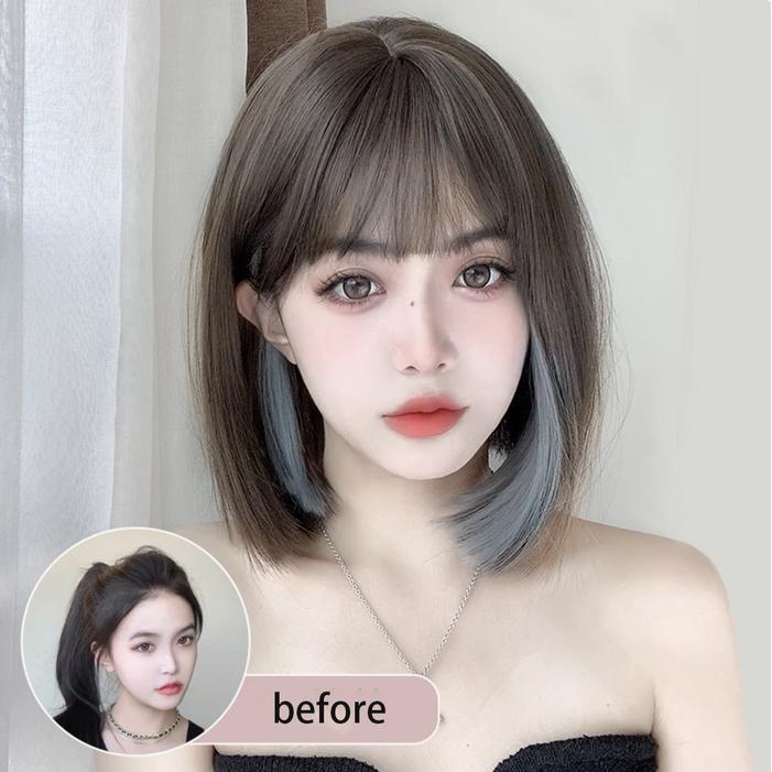 Wig Wanita Dengan Poni Telinga Gantung Model Bob Head Berwarna Abu-Abu Dengan Rambut Pendek Dan