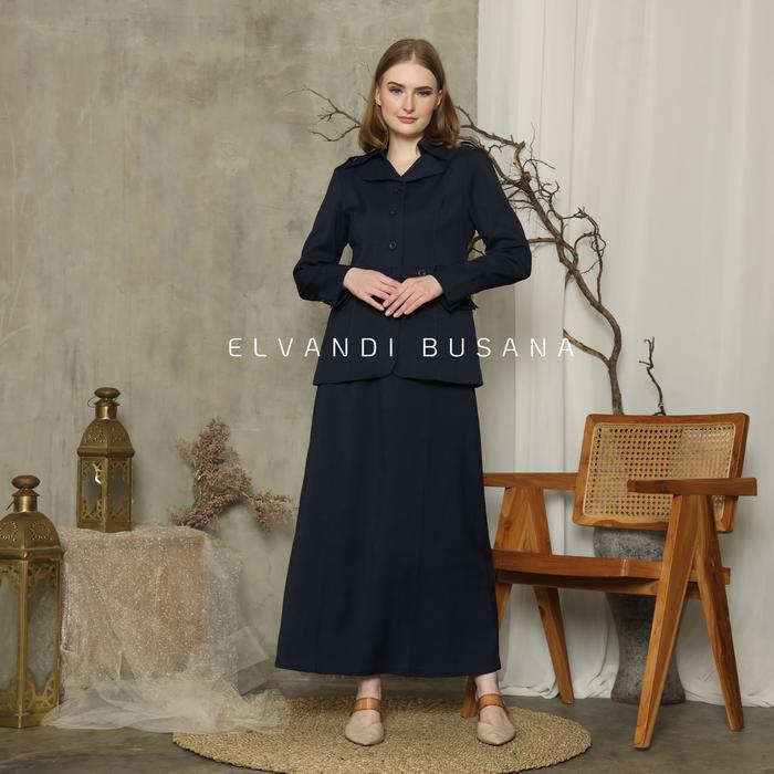 Setelan Jas Wanita Blazer Model Ikat Pinggang Lengan Panjang Biru Dongker Seragam Guru Baju PNS &