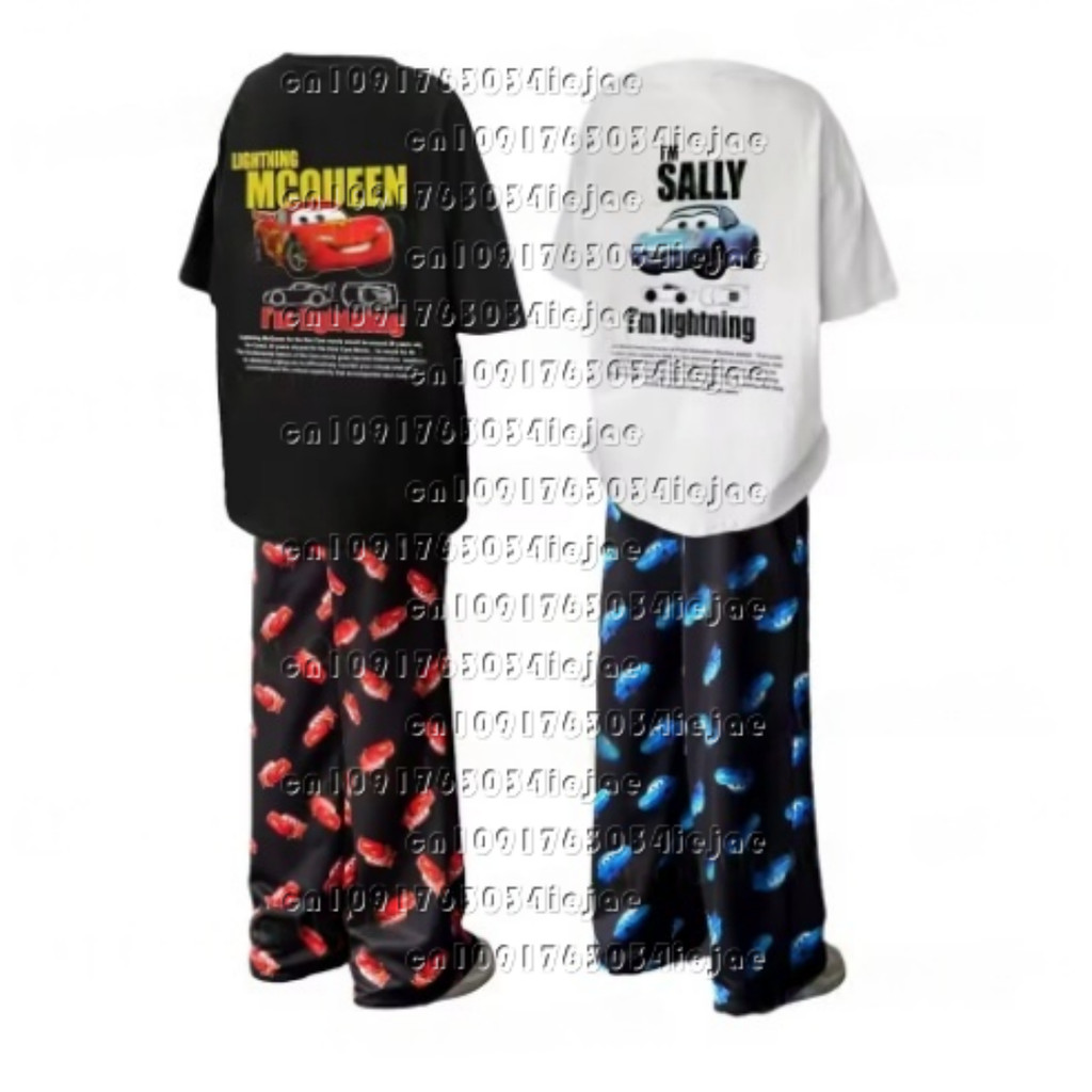 2026 McQueen & Sally Oversized Summer Pajama Set Cotton T-Shirt + Pants for Couples/Family Adults &