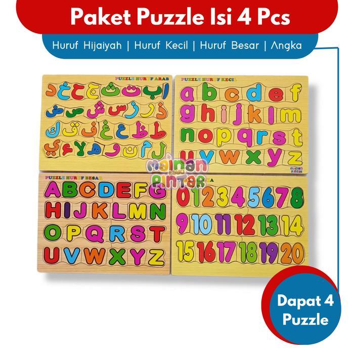 PROMOO Mainan Edukasi Anak Paket Puzzle Kayu Isi 1/2/3/4 Pcs Huruf Hijaiyah Arab Huruf Besar Kecil