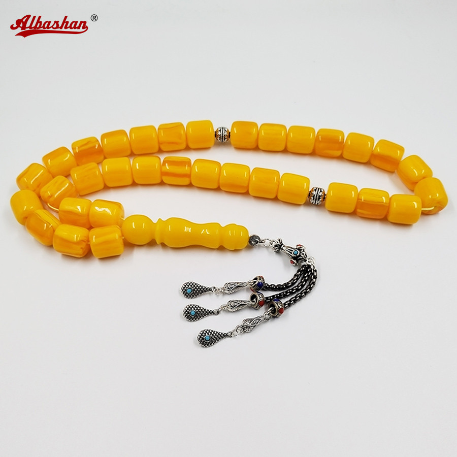 Turkish design Tasbih 33 yellow resin beads Tibetan silver tassels
