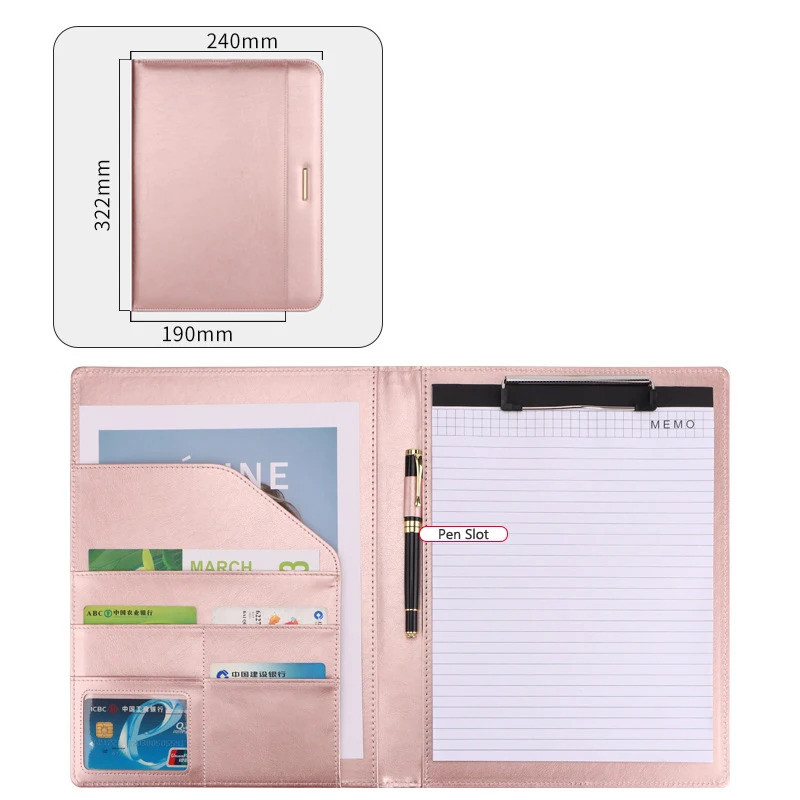 A4 Business Padfolio File Folder Rose Gold Document Holder Clipboard Folder Leather Desk Organizer
