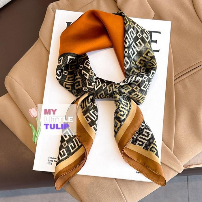 Syal Wanita Keren Scarf Leher 70X70 / Syal Ikat Tas High Grade Silk / Scarf Stewardess Orange Color