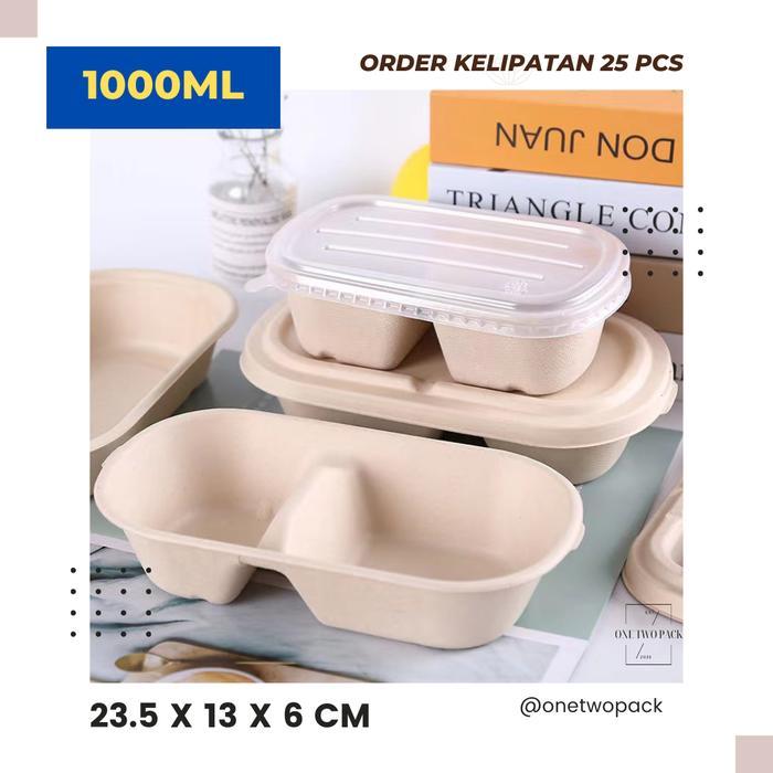 [25 Pcs] 1000Ml Wheat Straw Bagasse Box Takeaway Lunch Box Food Container Pasti Ori