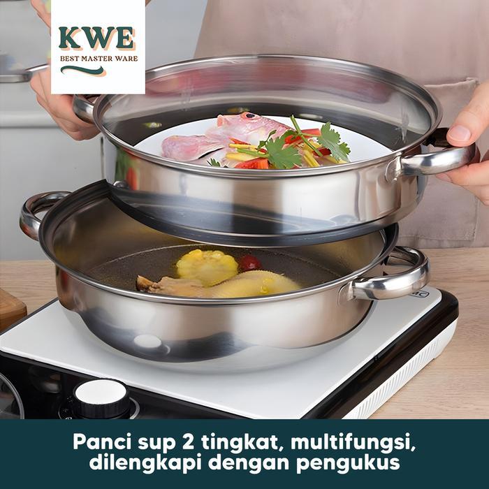 KWE Panci 2 Susun Besar Kukus Steamer Stainless 28cm Panci Kukus Set Panci Sup Steamer Ikan Bakpao