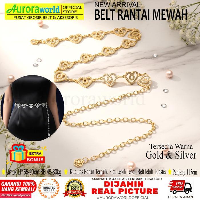Auroraworld ikat pinggang Belt wanita gesper rantai cewek mewah untuk dress gamis tunik jeans celana