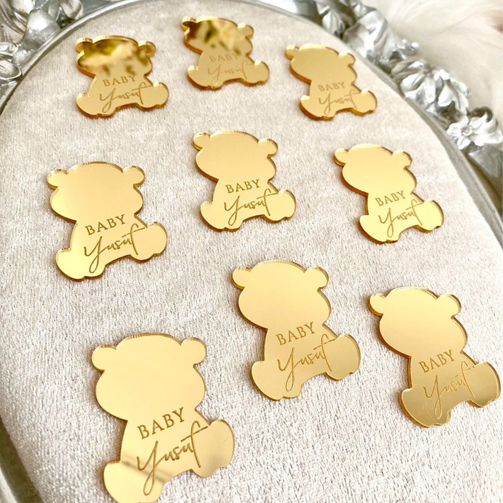 20/50/100pcs Personalized Bear Acrylic Mirror Tag Baby Shower Tag Gift Bear Birthday Bear Tag Baby