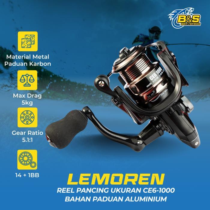 REEL LEMOREN PANCING UKURAN CE6-1000 BAHAN PADUAN ALUMUNIUM PUTARAN HALUS GEAR RASIO 5.1:1 MAX DRAG