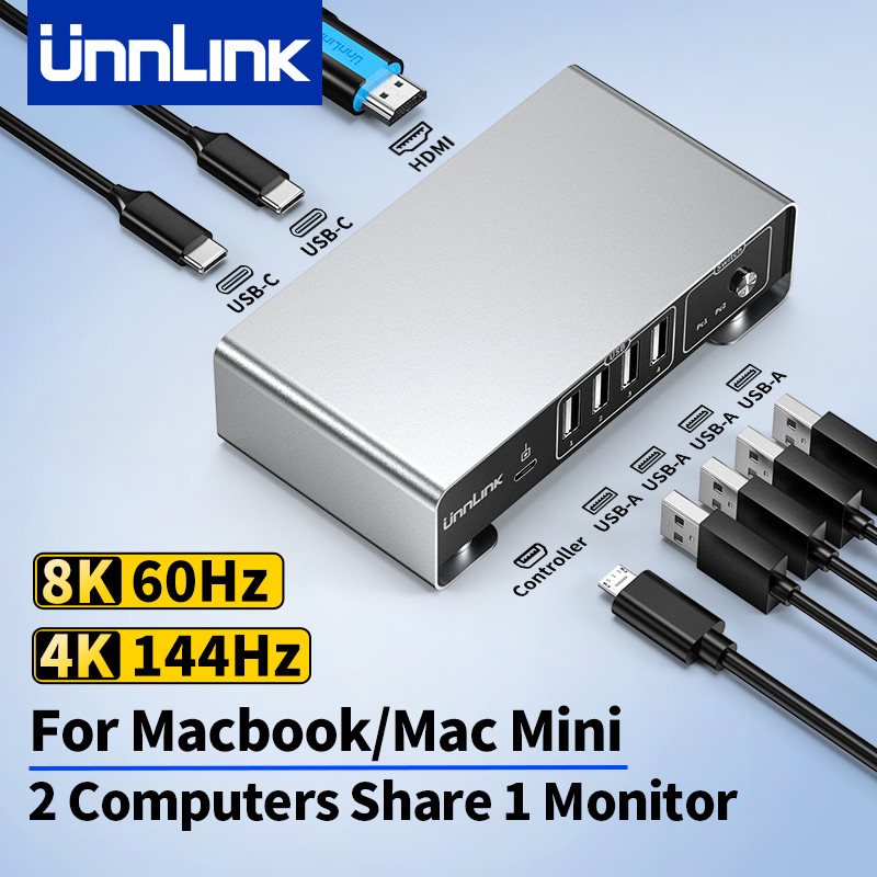 Unnlink USB C KVM Switch for MacBook Mac Mini Share Monitor Mouse Keyboard, 4K@144Hz/120Hz