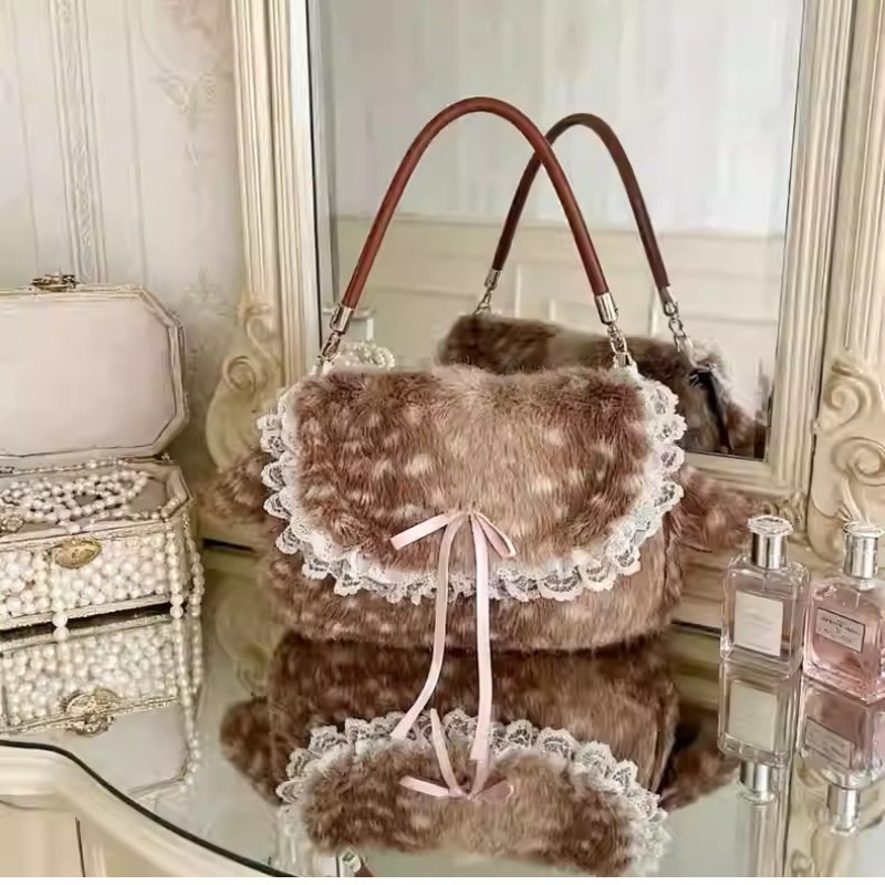 Lolita Plush Handbag Cute Lace & Bow Decor Faux Fur Shoulder Bag Vintage Brown Top-handle Bag