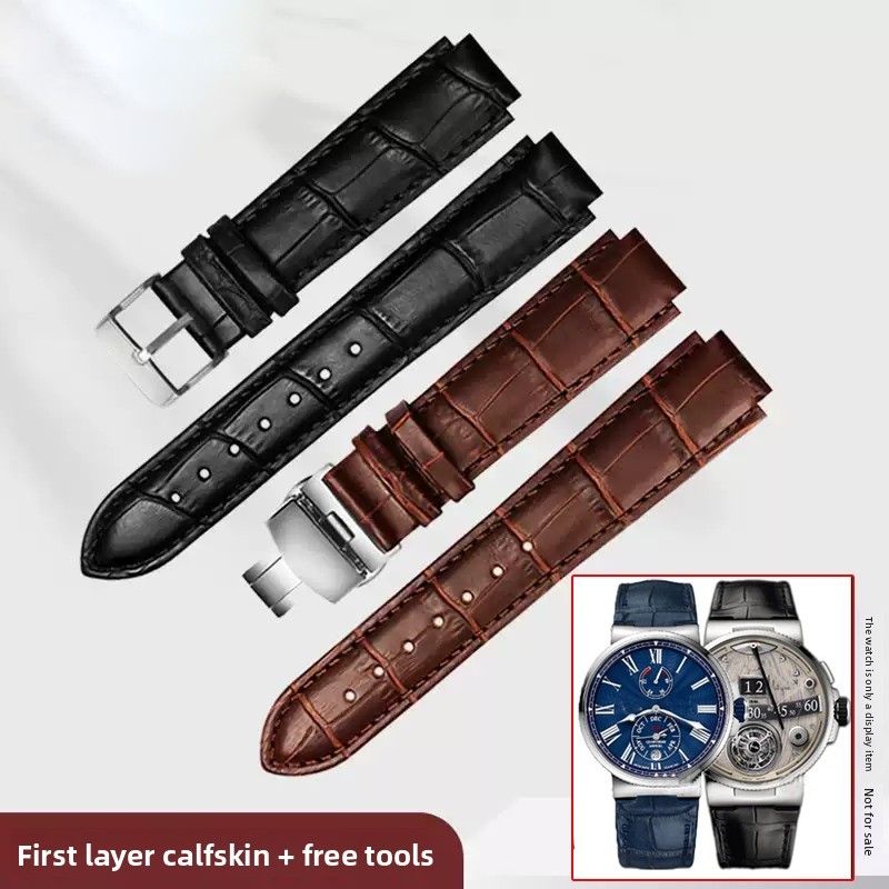 For Ulysse Nardin Marine 6300 263 6319 Men Women 22*10Mm 24*12Mm Convex Leather Watchband Blue Watch
