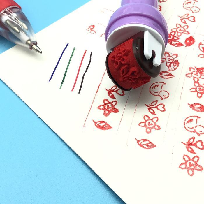 Pen 4 Warna 5in1 Pendek + Roller Stamp Karakter Lucu Pulpen Multicolor