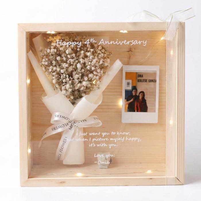 Dried flower frame import - 3D wood box with lamp Kaca Kado kotak kayu lampu acrylic foto