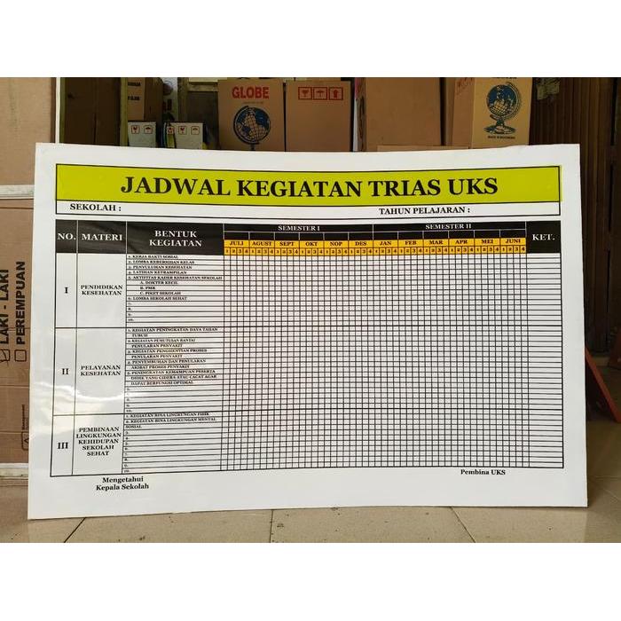 PREMIUM (COD) PAPAN DATA JADWAL KEGIATAN TRIAS UKS 80CM X 120CM BINGKAI ALUMUNIUM & FIGURA KAYU