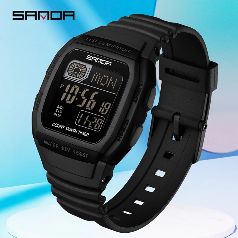 SANDA Fashion Sport Electronic Watch Youth Watch Square Multifunction Calendar Countdown Men Women