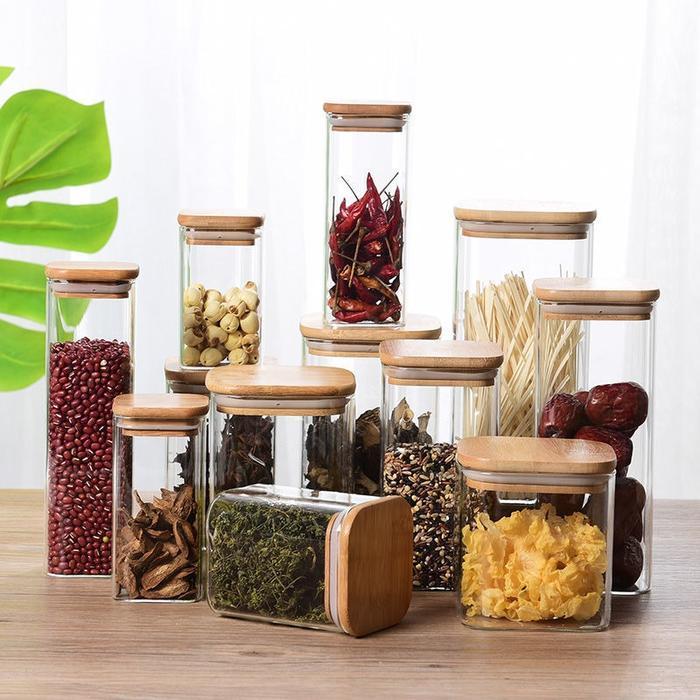 EZRARYA Toples Kaca Kotak Tutup Bambu M