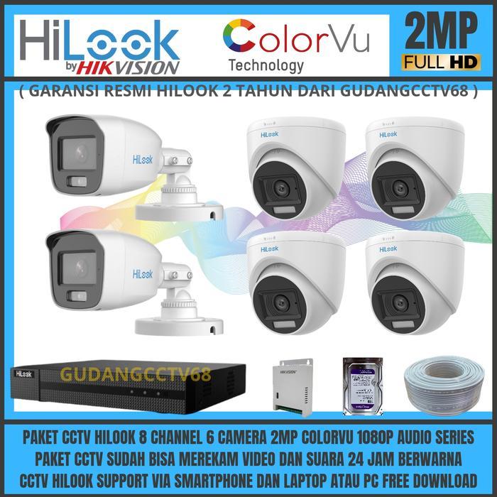 Paket Cctv HiLook Colorvu 8 Channel 6 Camera Hilook 2mp Audio Series Paket Komplit Tinggal Pasang