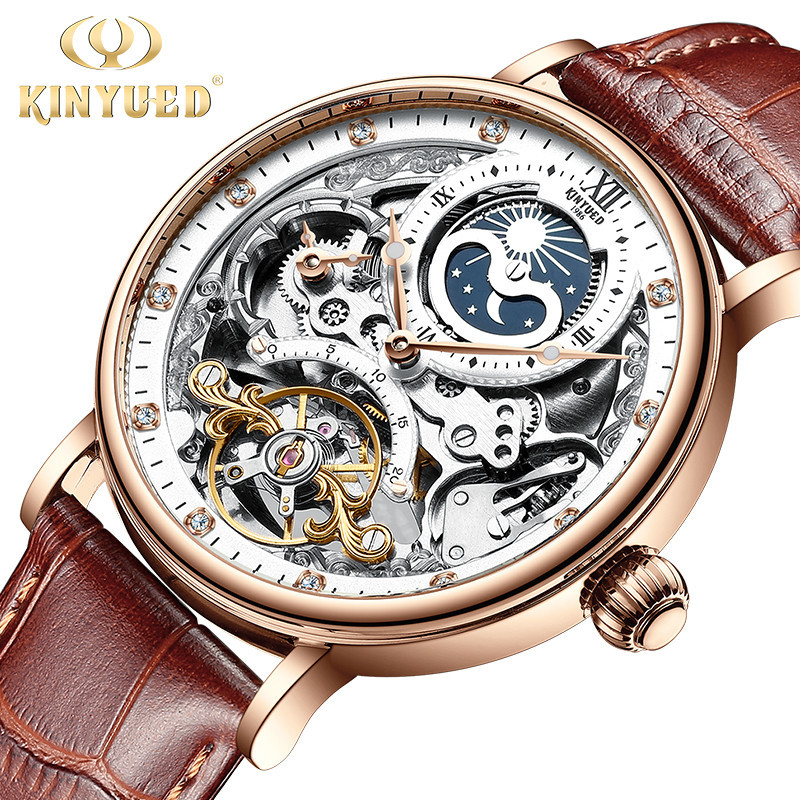 Reloj Hombre Watches Mens KINYUED Top Brand Luxury Rose Gold Skeleton Tourbillon Automatic