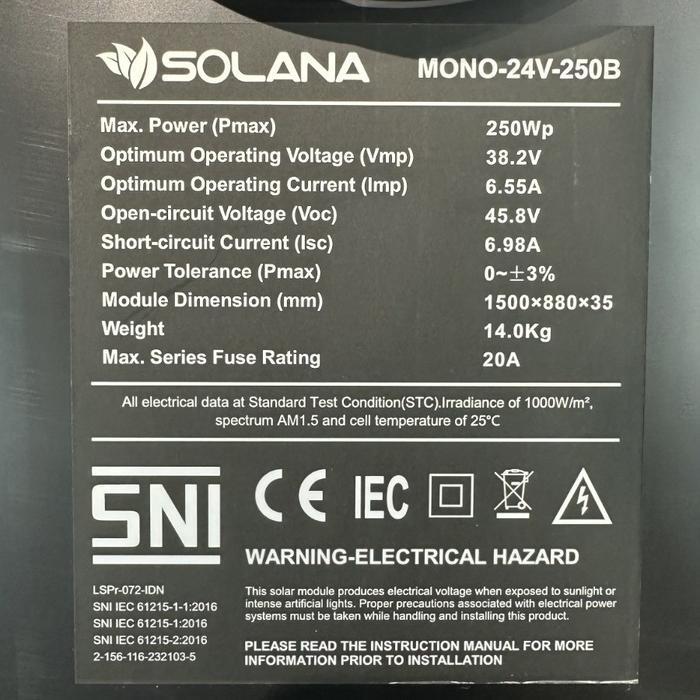 SOLAR PANEL SOLAR CELL PV MODUL P12 250W BLACK MONO CRYSTALLINE PANEL SURYA 24V 250WP SOLANA