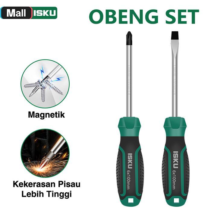 ISKU Obeng Set 2 Pcs Plus Minus Magnetik 6x100mm Baja Chrome Vanadium Anti-Slip CR-V Ujung Magnet