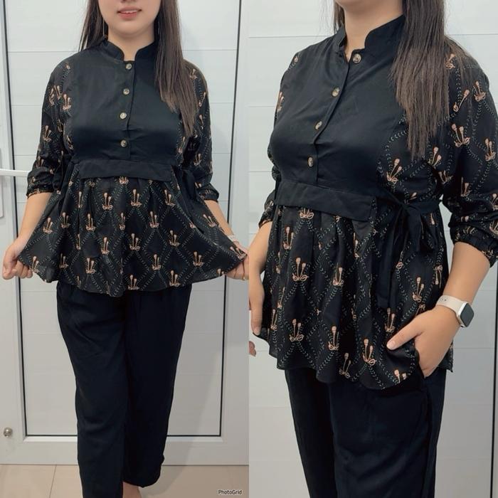 Cindy Set - Set Rayon Twill Bunga Kancing ikat samping premiun