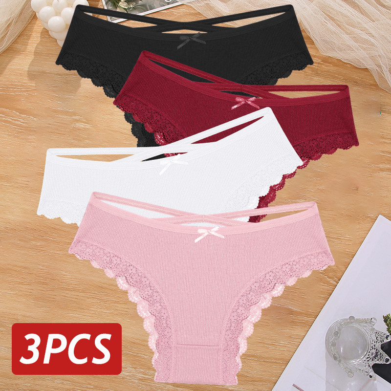 3Pcs/Set Women Cotton Panties Sexy Low Rise Lace Brazilian Panties Hollow Out Soft Breathable