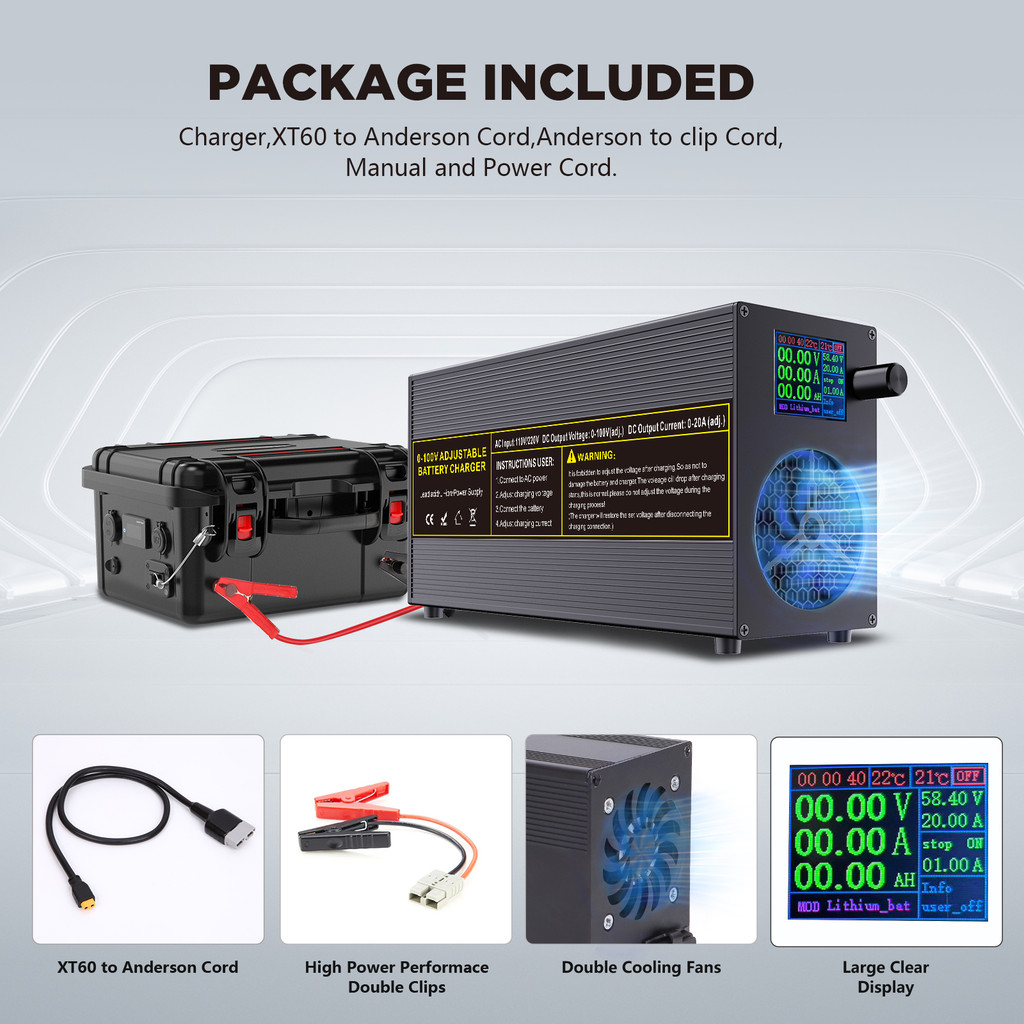 0-100V25A Lifepo4 Charger 48V64V72V Fast Charger Lithium Battery Charger 14.6V 100A Battery Adapter