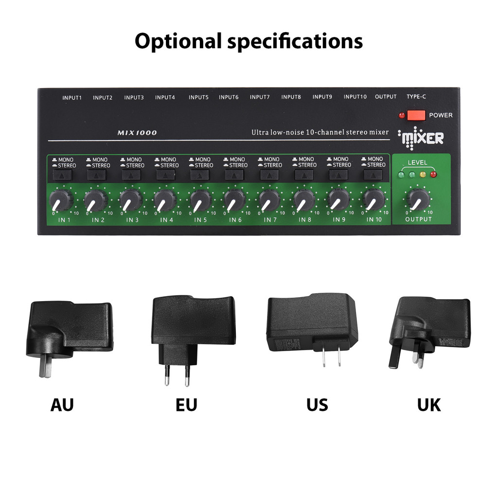 10-Channel Mixer Audio Mixer Stereo Mono Line Mixer 6.35mm TRS/TS Input Metal Shell Type-C Audio