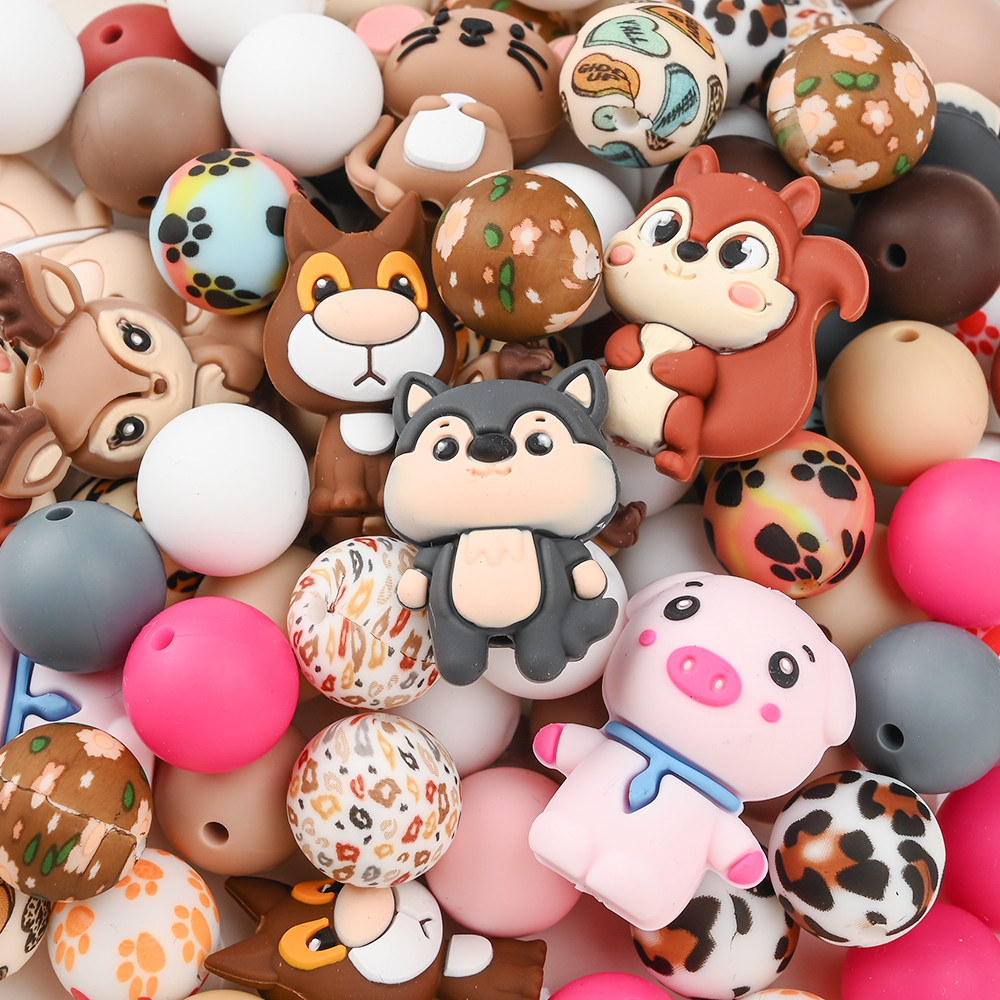 32Pcs Mixed Silicone Beads Set Print Round Beads Animals Shape Focus Teether Beads For Handmade