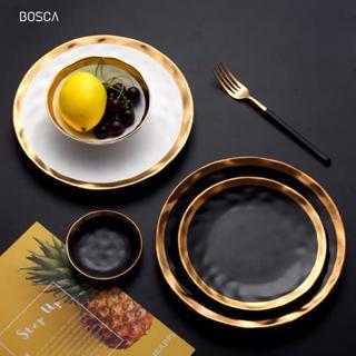 Bosca Living - Piring Makan Hitam List Gold / Gold Rim Matte Ceramic Tray Plate / Piring Keramik